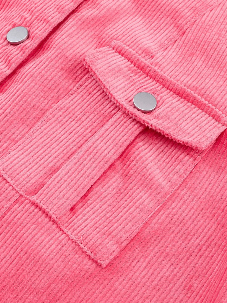 Bright pink corduroy shacket features a button front and front pockets.