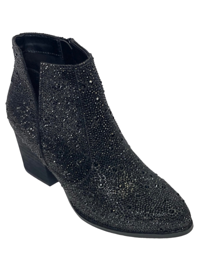 Black western-style booties are adorned with dazzling rhinestones.