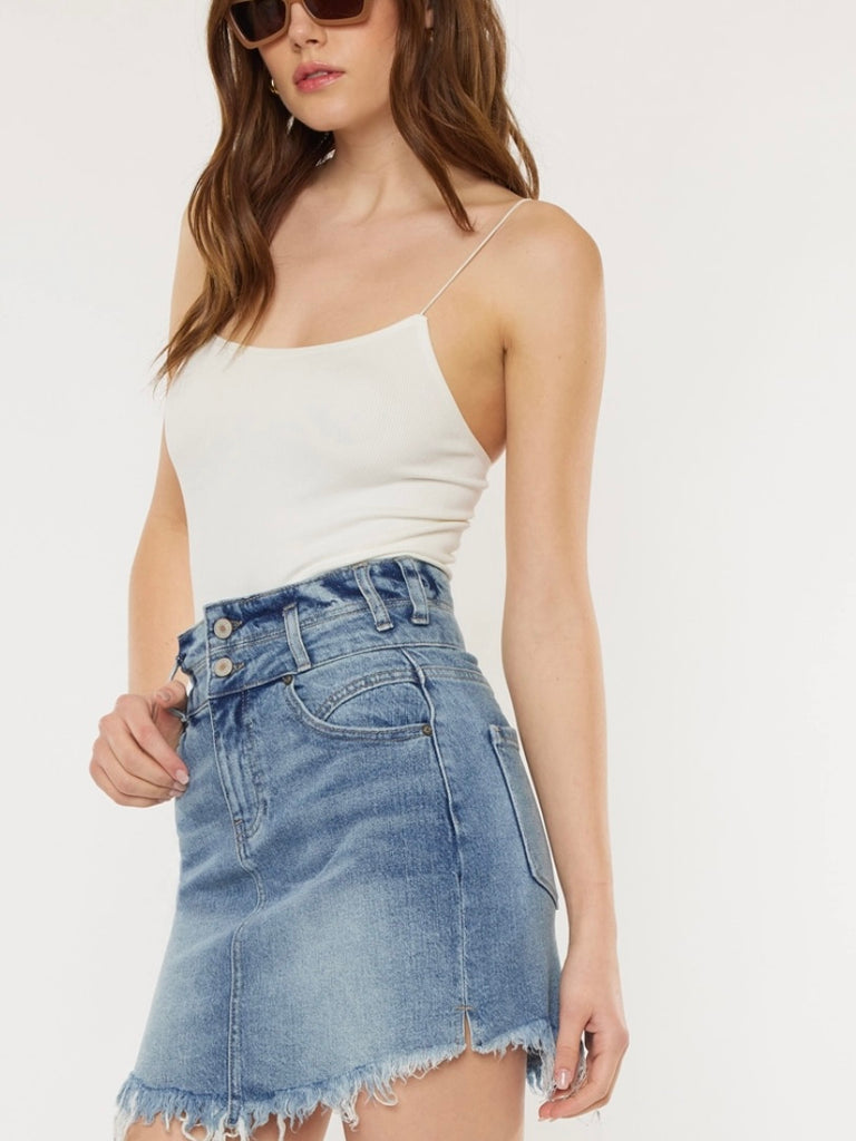 Fringed Hem Stretchy Cotton Mini Jean Skirt with fading and whiskering , has side slits ,it also features double button front closure and zip fly.