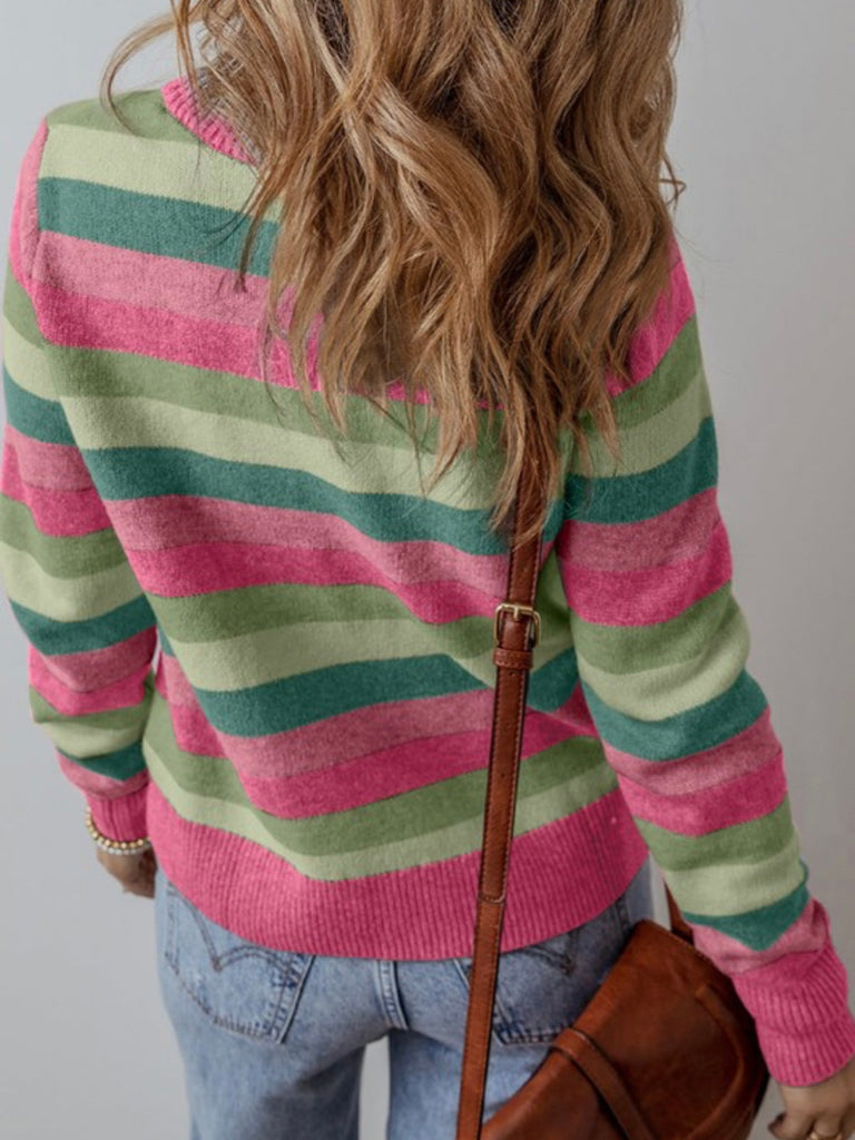 Pink Greenery , Stripe Sweater ,with  color-block stripes , features a Relaxed, comfortable silhouette with a flattering round neck, and ribbed edges at cuffs and hemline for added style and coziness.