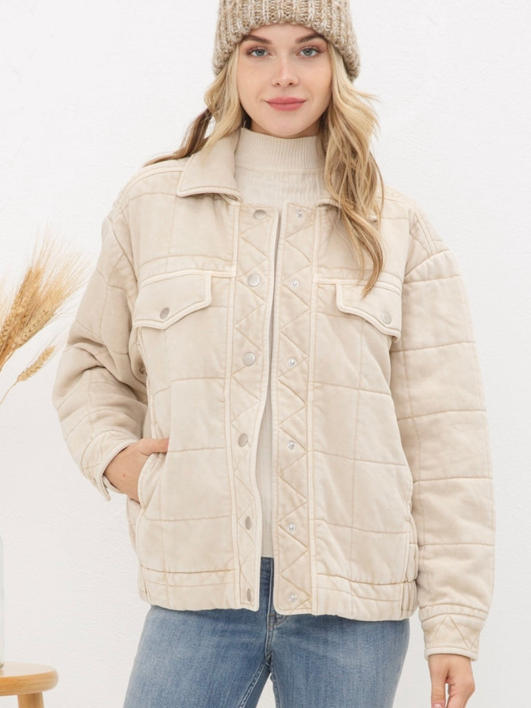 Taupe Stone Washed Quilted Jacket! With a playful oversized fit and snap close.