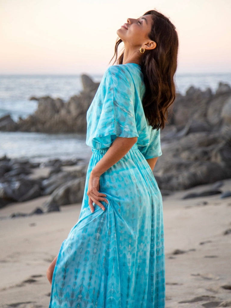 Kimono Dress in Watercolour Blue , featuring an elasticized Waistband.