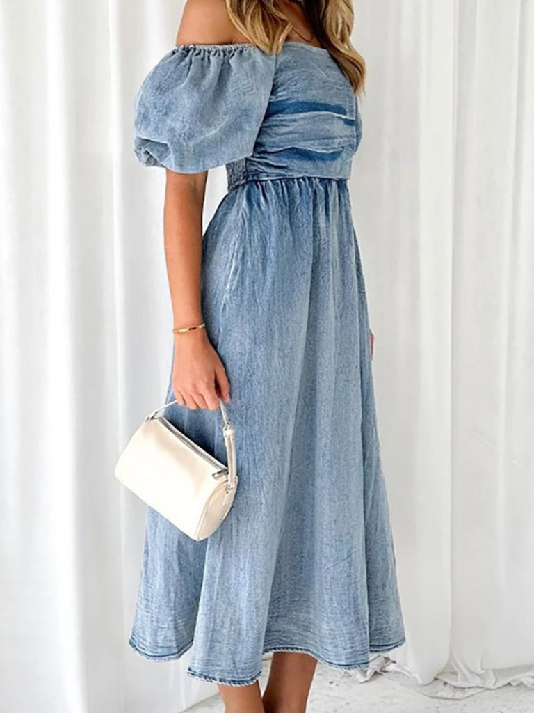  Beautiful Boho Deirdre Denim Dress, with flirty off the shoulder detail and romantic puffy sleeves.