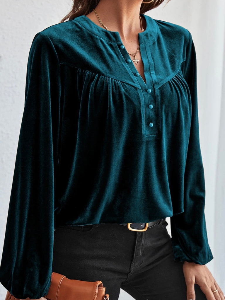 Teal Green  ,Split v-neck Velvet Top with a Relaxed fit, and Lantern sleeves with elegant beaded details.