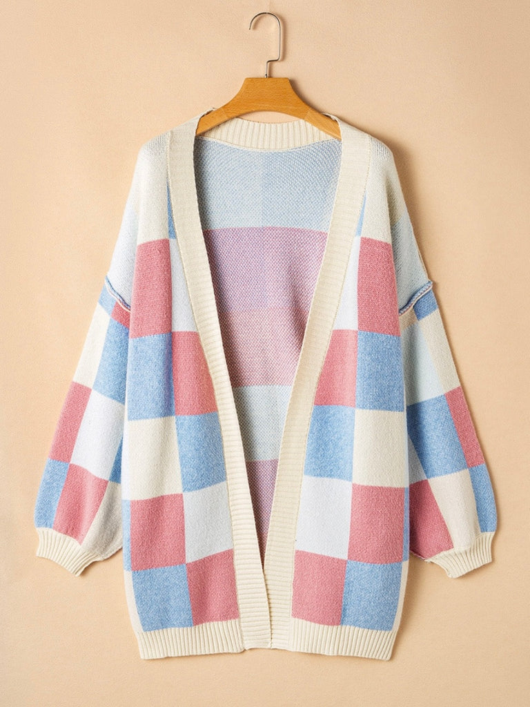 Pastel Pink, Blue, White, and Creamy Yellow Checkered Pattern Cardigan with a Relaxed Silhouette and drop shoulder  with exposed seams.