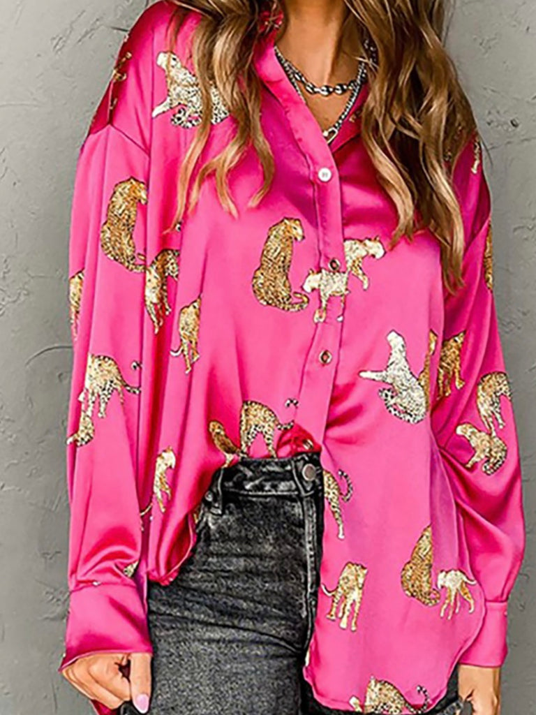 100% polyester Tiger Print Button-Up Top in Pink !