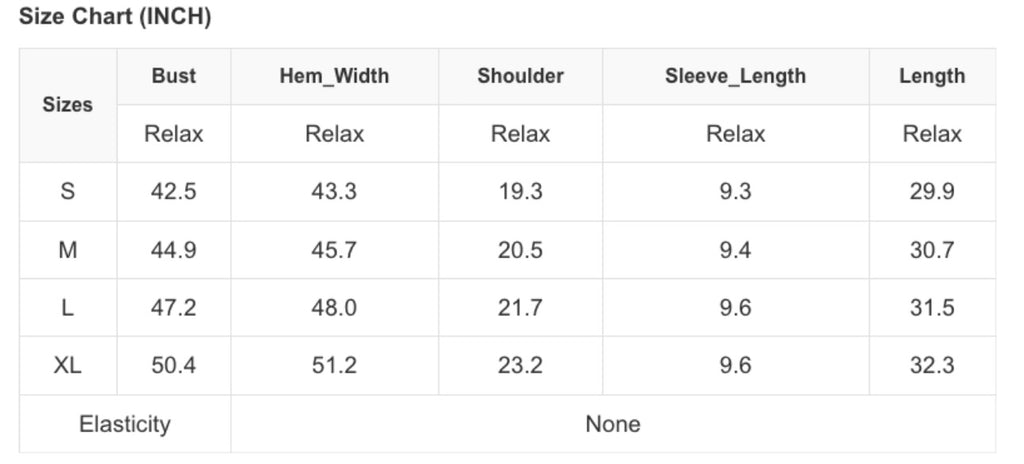 Size Chart for Calm Cool Denim Top