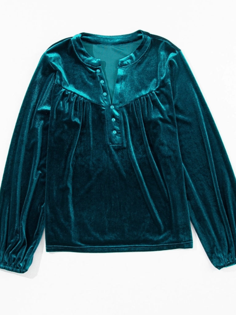 Teal Green  ,Split v-neck Velvet Top with a Relaxed fit, and Lantern sleeves with elegant beaded details.