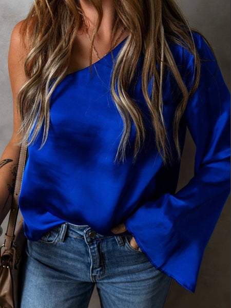 Royal Blue, One Sleeve Top, Crafted from luxurious satin with a flared bell sleeve that adds a touch of retro glam.