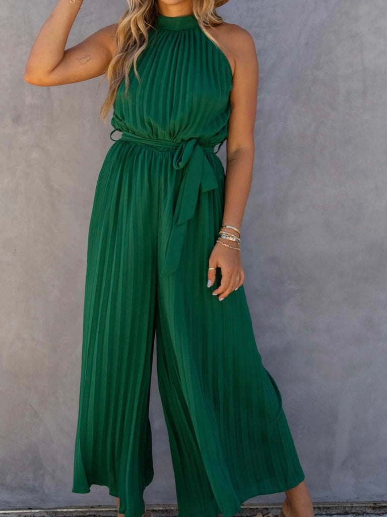 Wide leg , Green Belted Jumpsuit , features a stunning pleated design and a halter neck with keyhole closure.