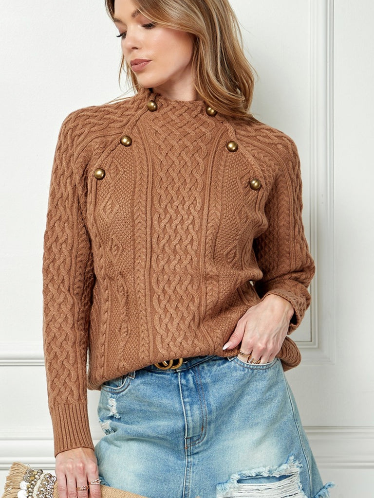 Camel Mock Neck Sweater with Long Sleeves and a cool Button Front Detail.