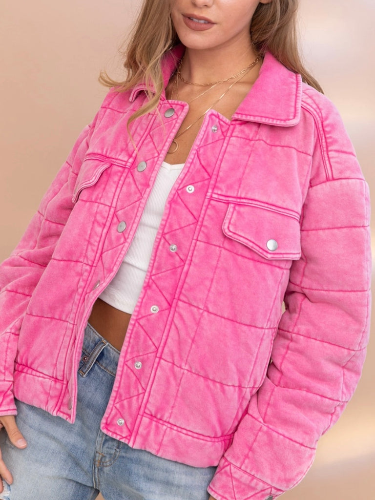 Pink Stone Washed Quilted Jacket! With a playful oversized fit and snap close.