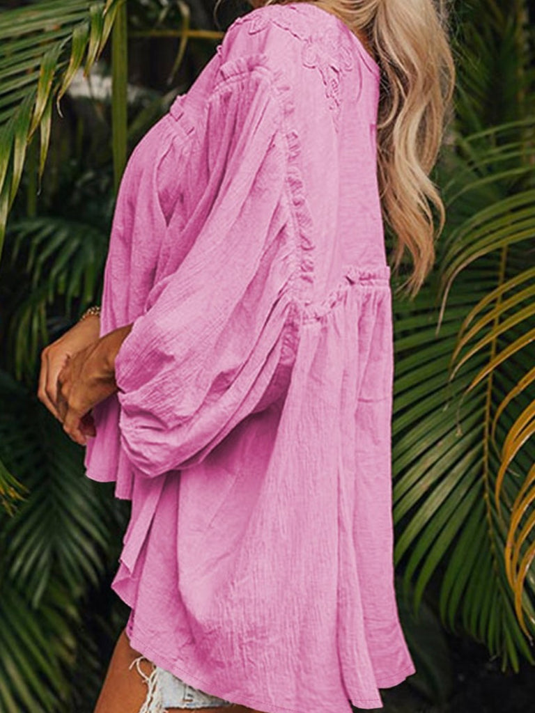 Pink Boho  Loose Fit Blouse with 
intricate lace applique and stylish 3/4 sleeves with a charming babydoll silhouette.