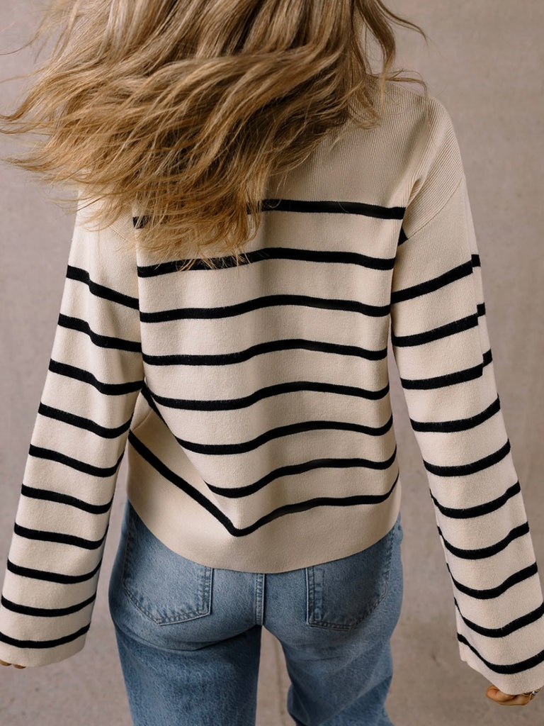  Cream and Black  Stripe Cardigan with functional flap pockets , and stylish button detail.