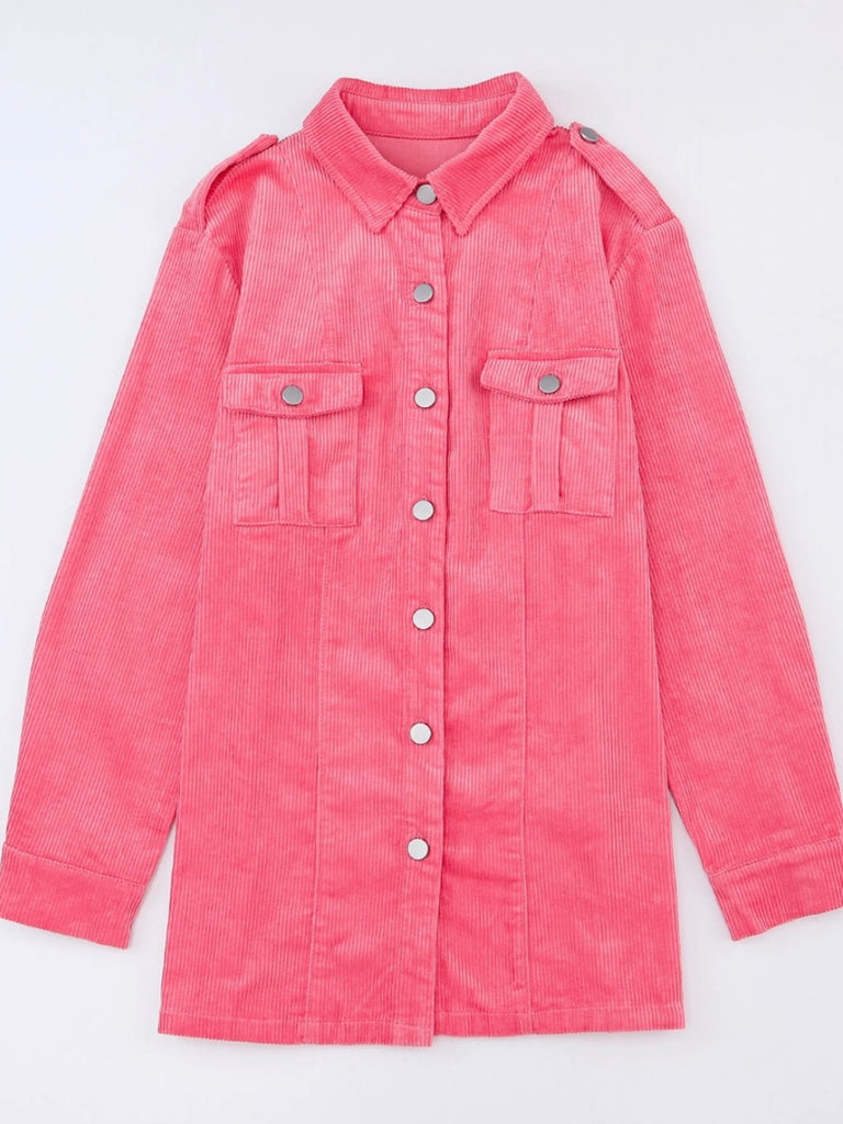 Bright pink corduroy shacket features a button front and front pockets.