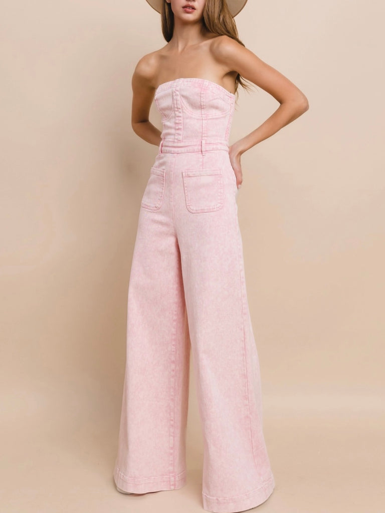 Pink Mineral Acid Washed Wide Leg Strapless Tube Top Jumpsuit has 33"inseam with a flare and 2 little front pockets.