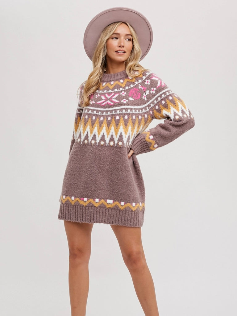 Coco Brown ,Ski Lodge Tunic Sweater Dress in a Fair Isle pattern .