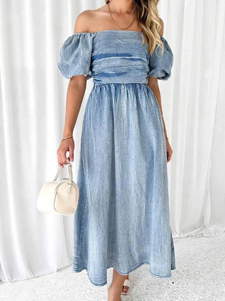 Off the Shoulder Denim Dress with puffy sleeves that  give it that romantic Boho vibe