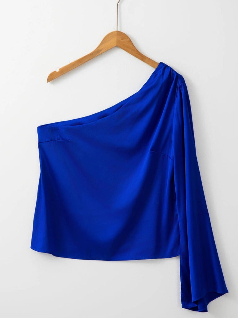 Royal Blue, One Sleeve Top, Crafted from luxurious satin with a flared bell sleeve that adds a touch of retro glam.