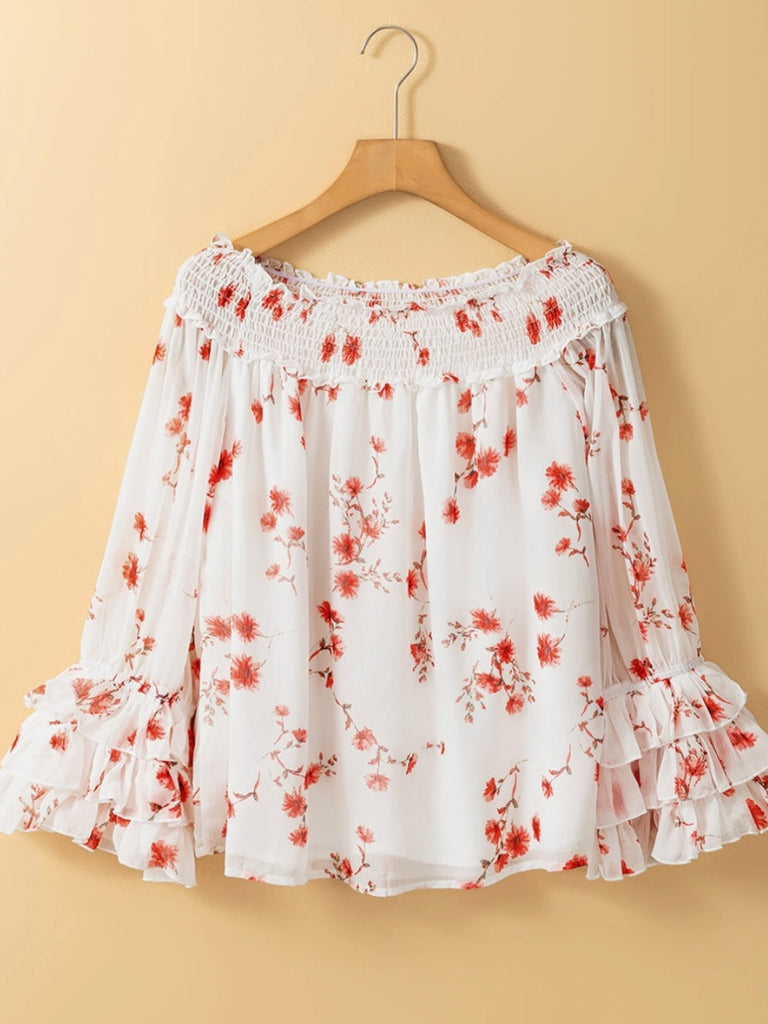  Floral Ruffled sleeves ,Off The Shoulder Top, with delicate shirred detailing, with a comfy loose fit .