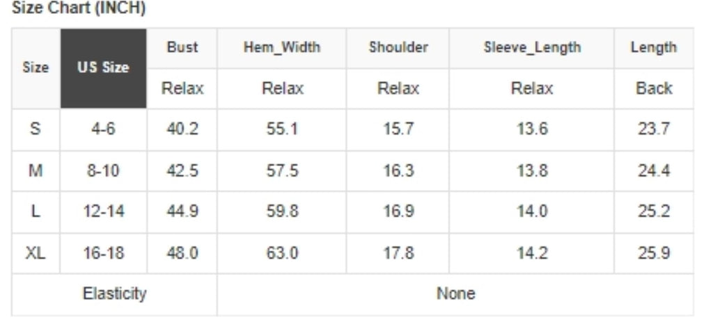 Size Chart for Apricot Gauze Tie Top.