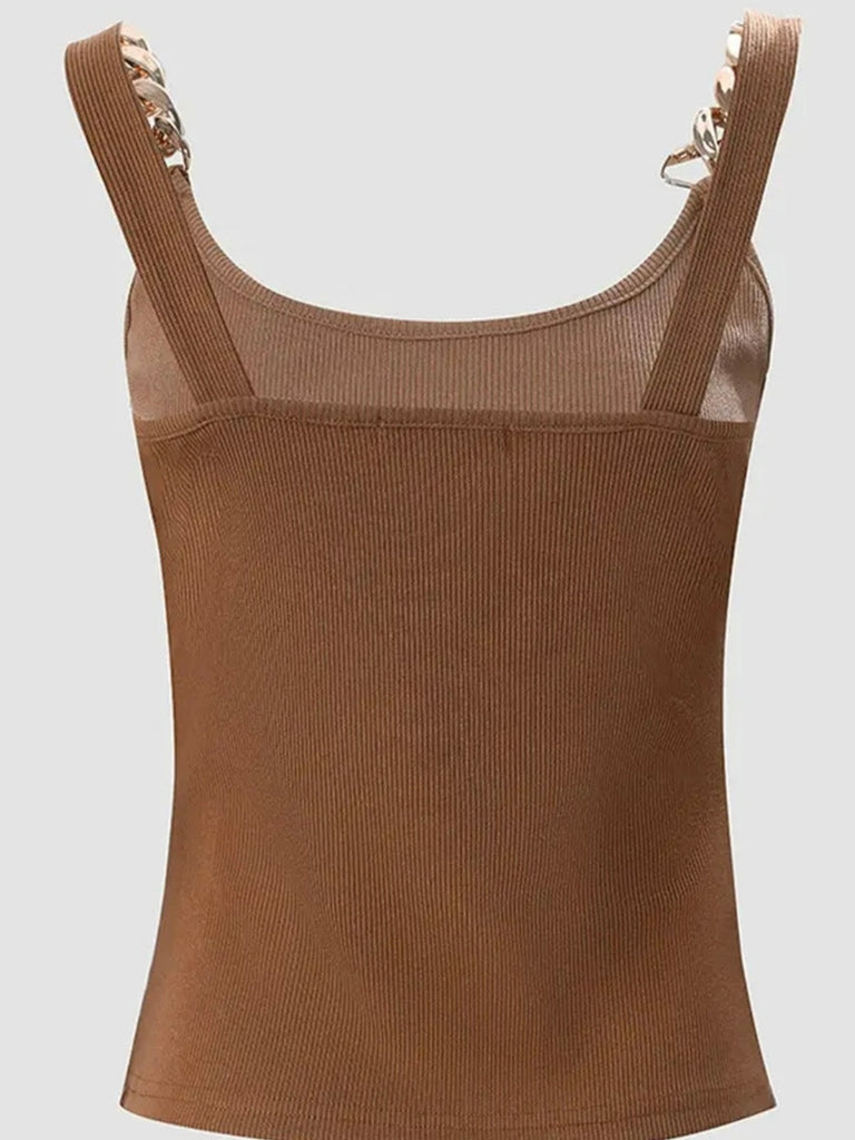 Elastic Ribbed Knit,  Brown, Gold Chain Strap  Tank Top.