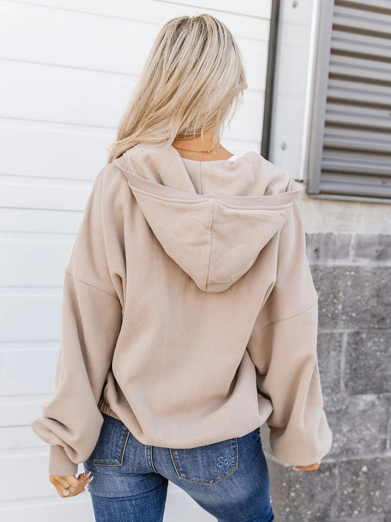 Sand Coloured , Oversized Half - Zip Kangaroo Pocket with elastic hem, make this the perfect Hoodie.