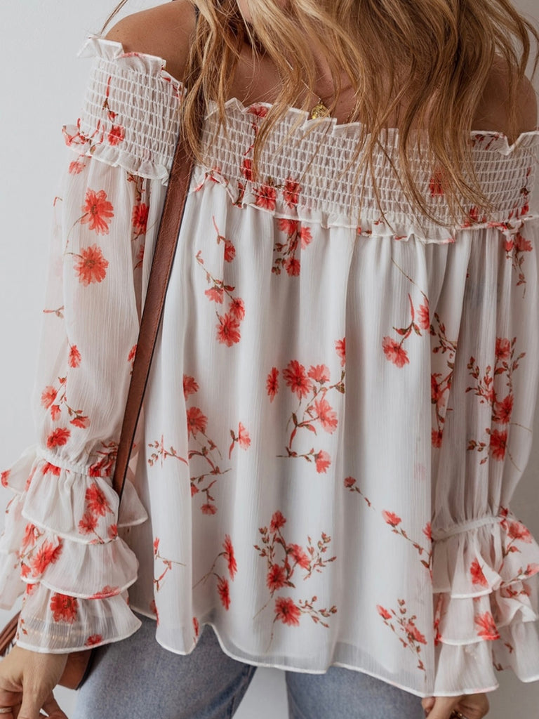  Floral Ruffled sleeves ,Off The Shoulder Top, with delicate shirred detailing, with a comfy loose fit .