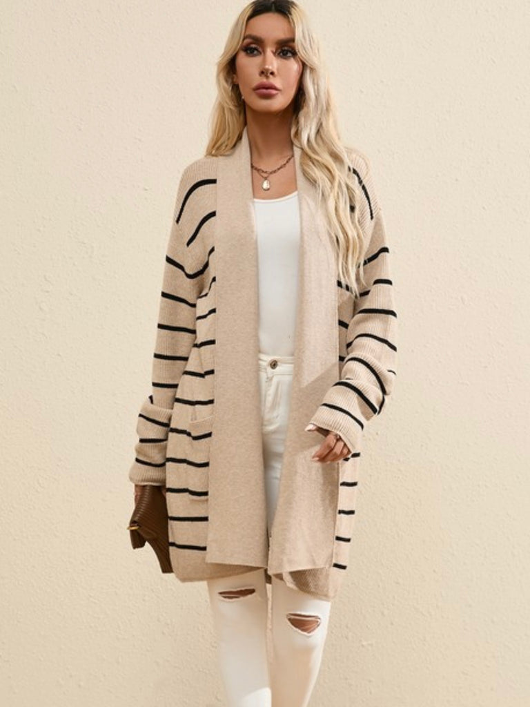 Neutral tan and black stripe pattern Cardigan featuring an open front and convenient pockets.