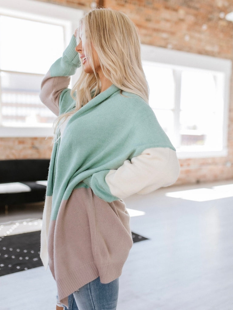  Long fit ,Colour block , blend of mint, grey, and ivory  Cardigan with an open-Front silhouette.