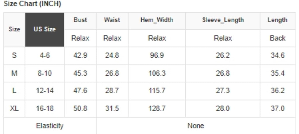 Size Chart for Deep Floral Vintage Dress