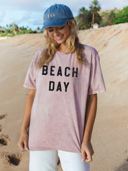  Mineral Washed Graphic Tee  features a soft 100% premium cotton jersey with "Beach Day "screen printed with water based ink.