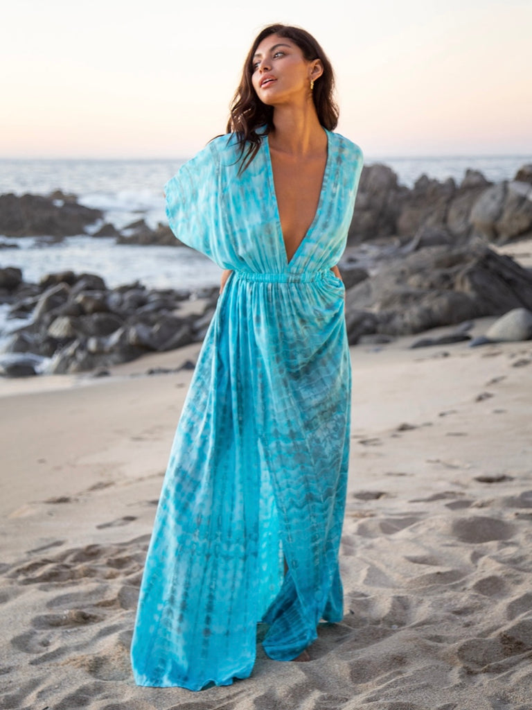  Blue Kimono Dress  with plunging neck and Double Knee Length  slits for comfort.