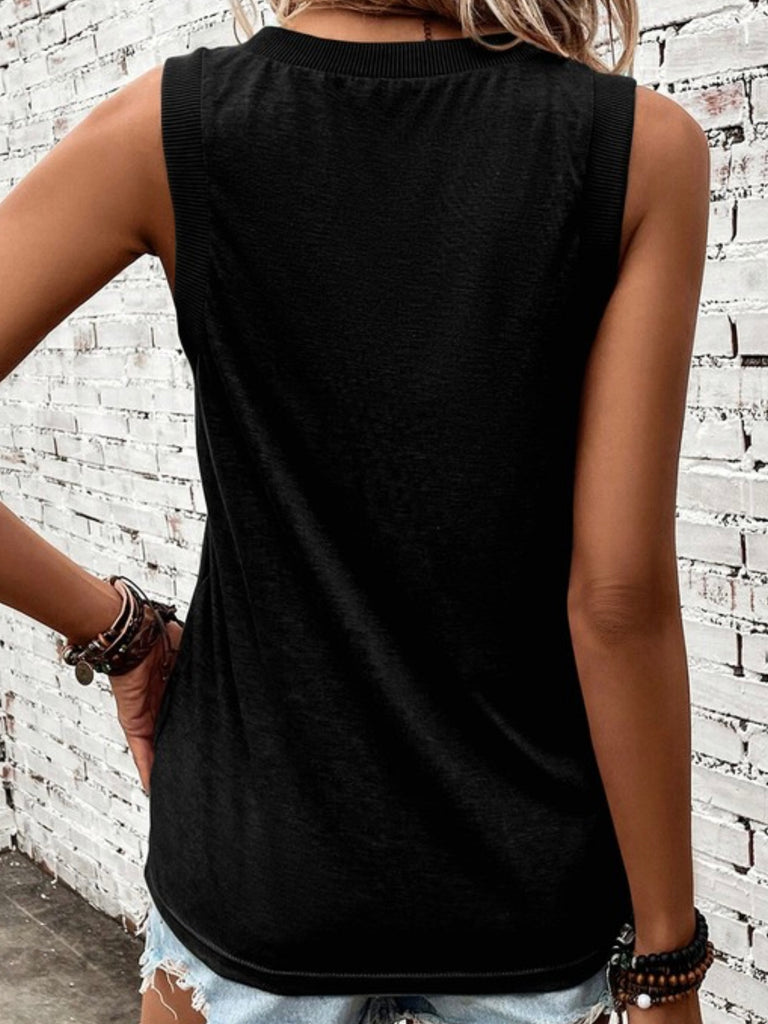 Black V Neck Tank Top with Ribbed edges and soft polyester, viscose, and elastane blend.