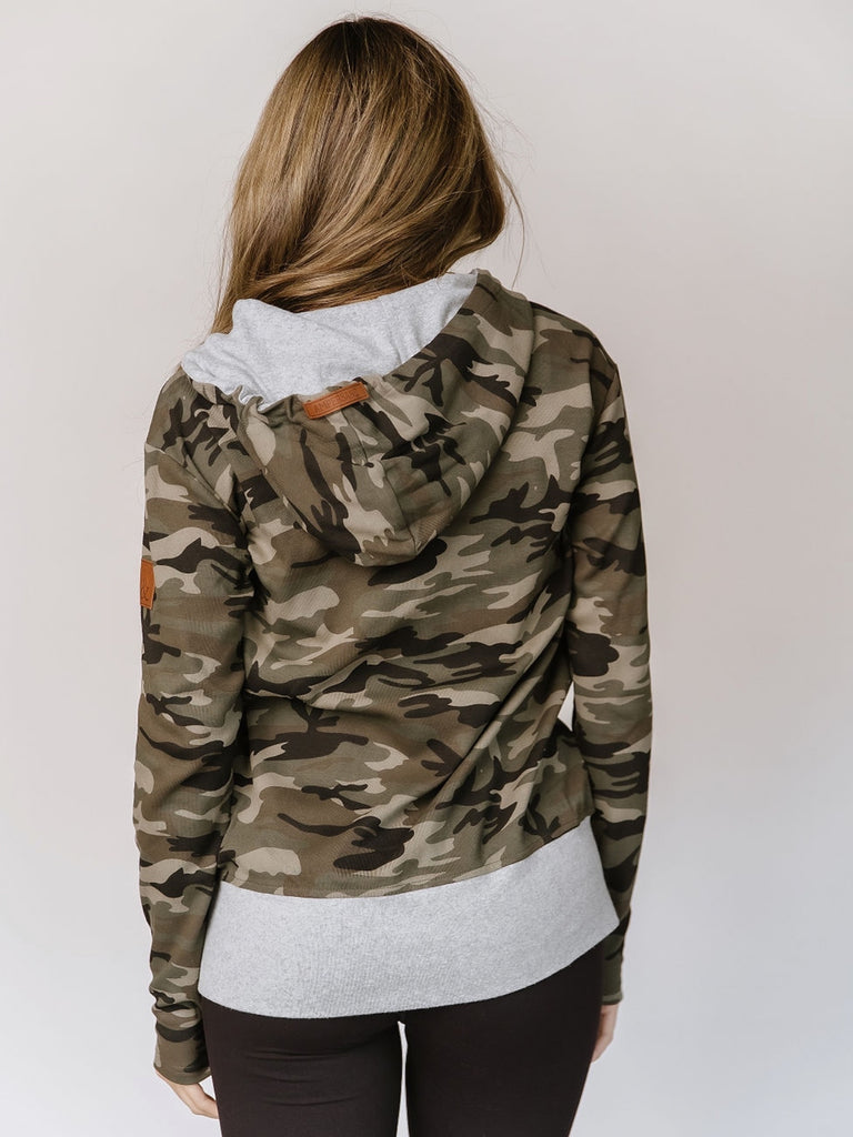 Camo Sights Full Zip Hoodie with green camo print body and grey bottom band with cozy hood.