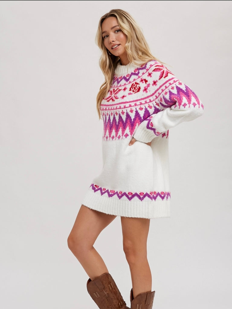 Soft Pink Ski Lodge Tunic Sweater Dress, in a Fair Isle pattern 