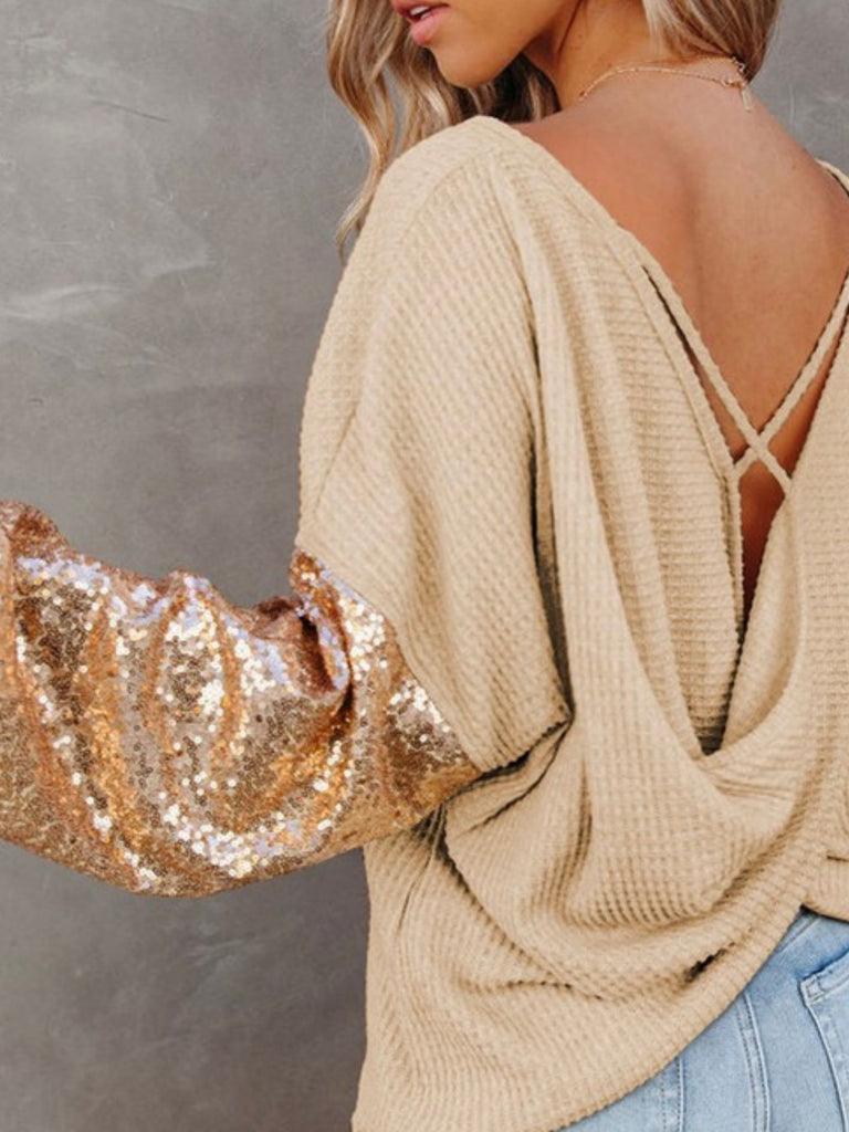 Beige Sequin Sleeves Top with soft waffle knit fabric, and adjustable open-back tie detail.