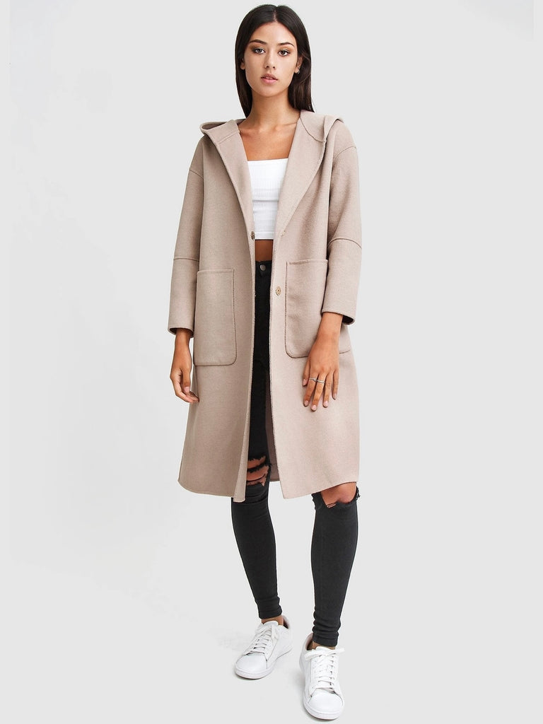 Oversized Coat , Crafted from a soft wool blend, this relaxed coat features a hooded silhouette, hidden snap buttons, and cropped sleeves.