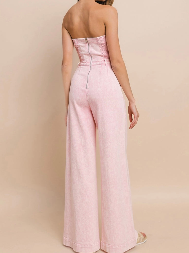 Pink Mineral Acid Washed Wide Leg Strapless Tube Top Jumpsuit has 33" flare inseam and  zip up back.