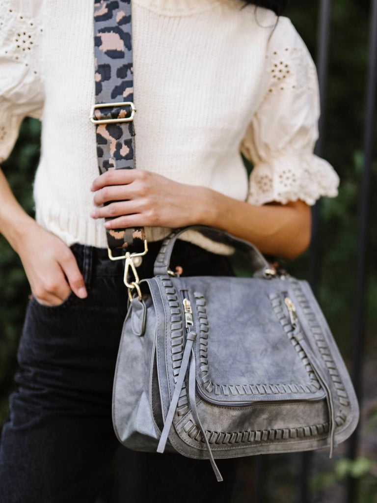 Vegan Grey Purse with Leopard adjustable strap and 2 zippered pockets with gold hardware.