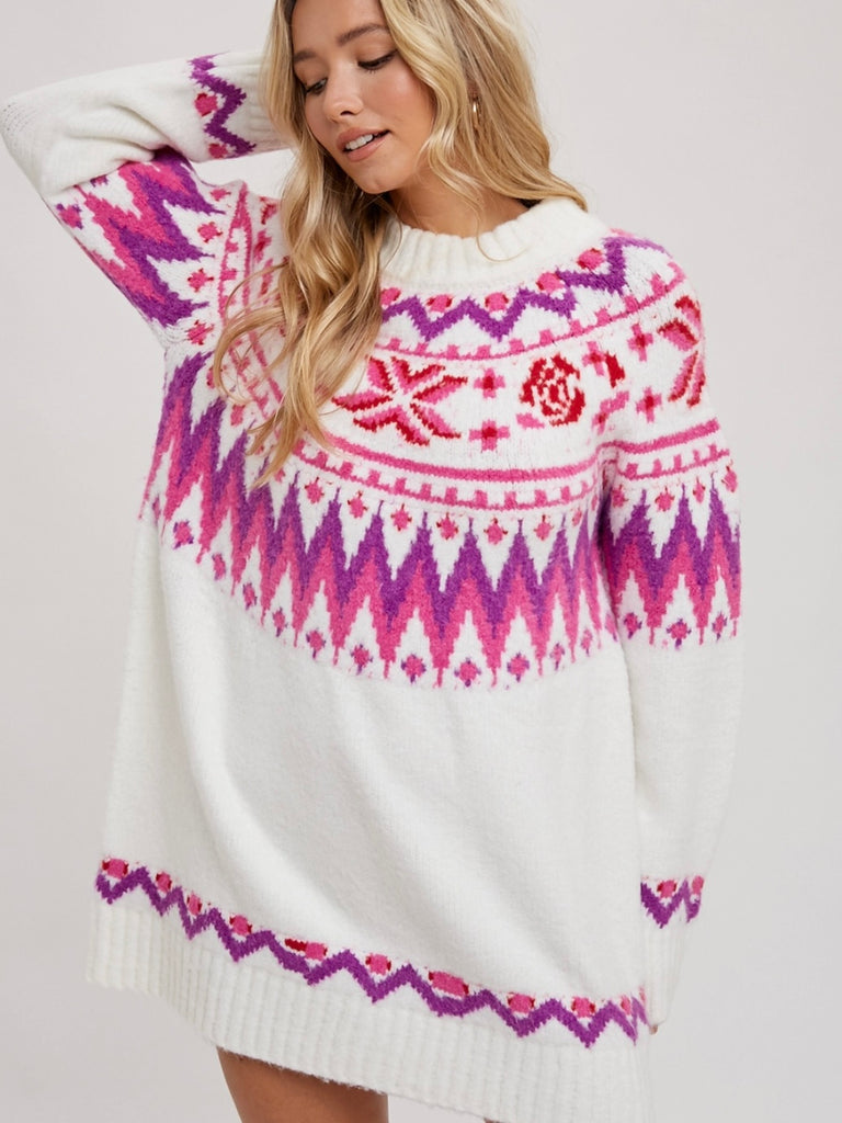 Soft Pink Ski Lodge Tunic Sweater Dress, in a Fair Isle pattern 