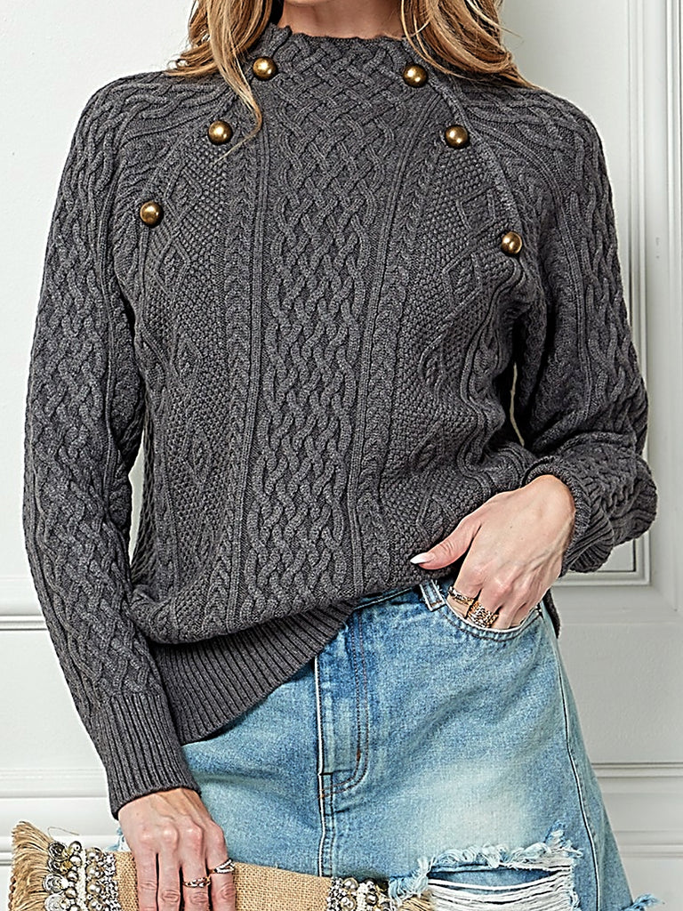 Grey Mock Neck Sweater with Long Sleeves and a cool Button Front Detail.