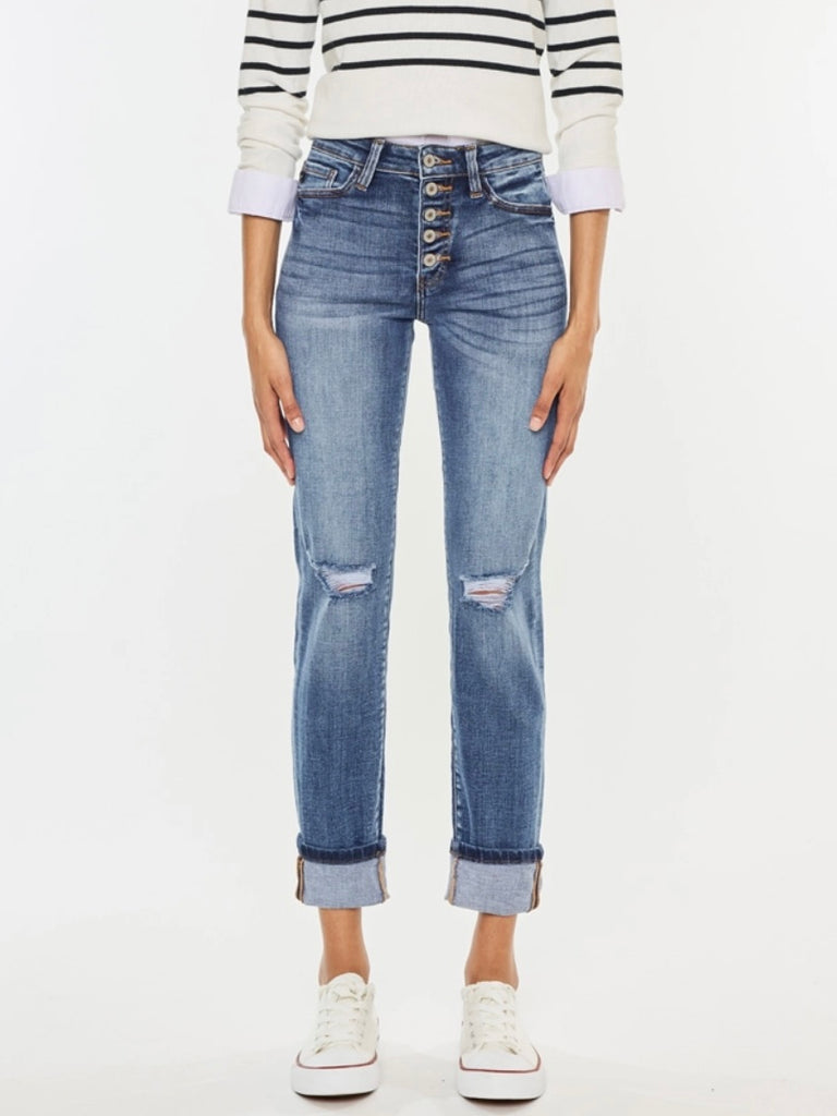 High Rise Button Fly Straight Leg Jeans , cuffed hem, and slight destruction