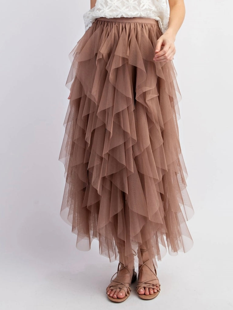  Mocha  Colour ,High Waist  Tulle Maxi Skirt, with multi-layered tulle mesh that creates a whimsical, cascading effect and its perfectly lined with a shorter inner skirt for modesty.