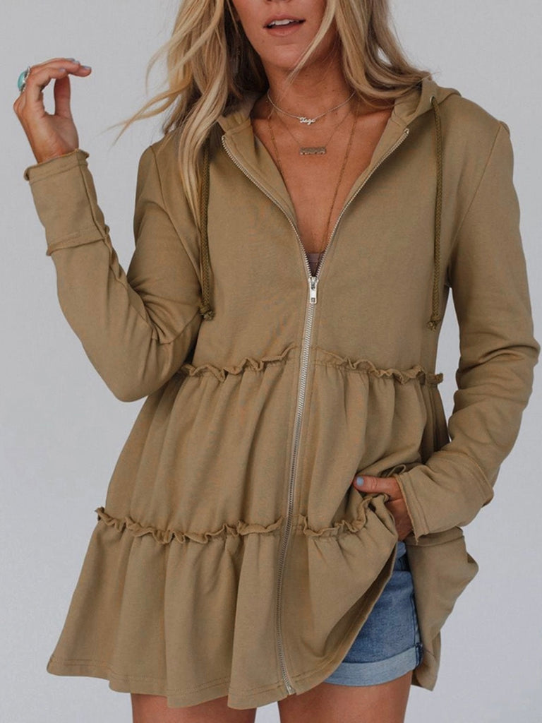  Khaki neutral, Long  Fit Ruffled Hoodie , has layered ruffled design and  zippered detail with drawstring hood.