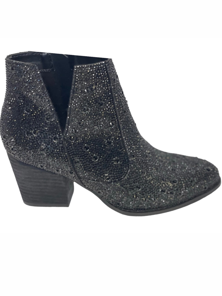 Black western-style booties are adorned with dazzling rhinestones.