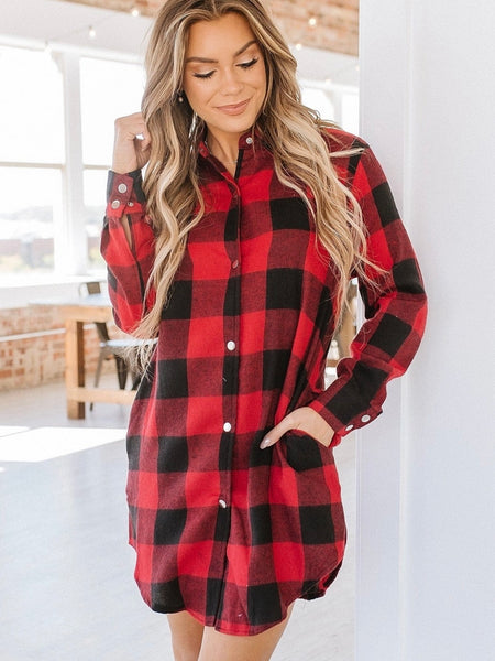  Red British longline plaid shirt coat with snap-button closure for easy wear, and a turn-down collar for a chic, polished look.