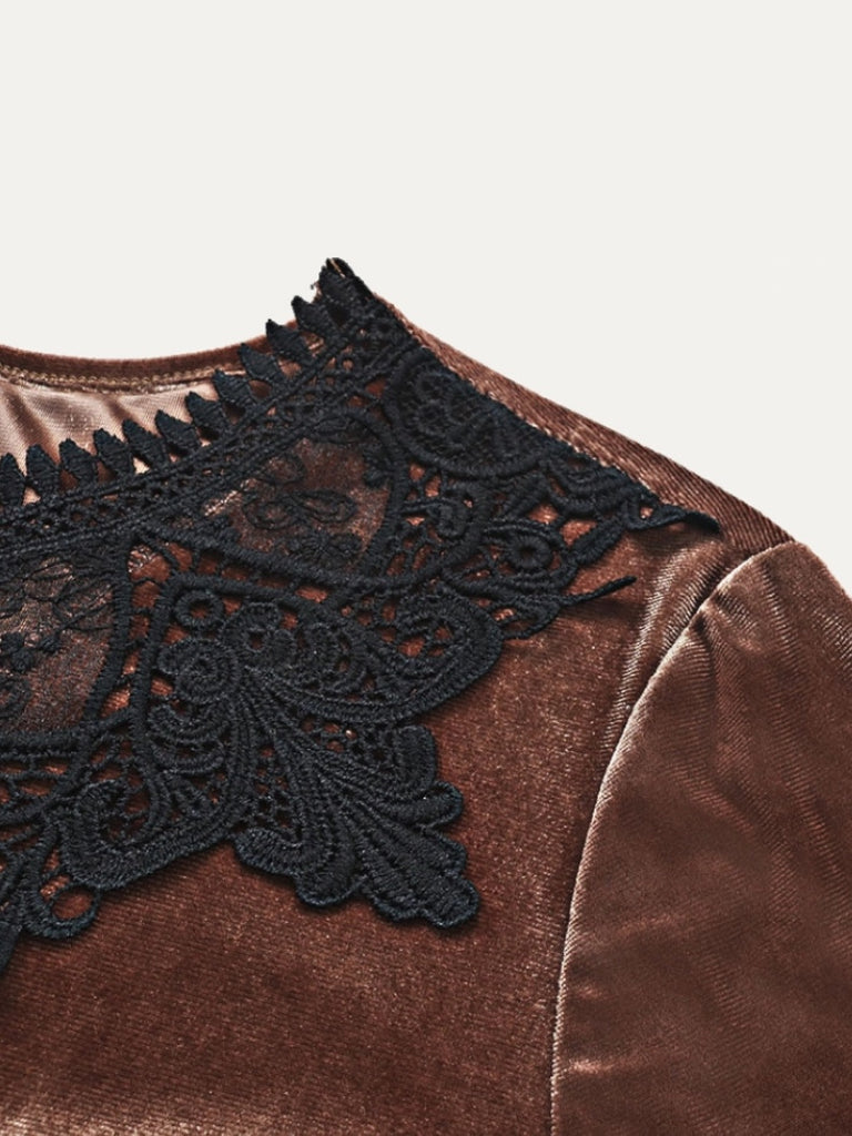 Coffee Brown Velvet Blouse , features a crochet lace pattern, rounded neckline, and long sleeves and a relaxed bodice that features a button at the back and a keyhole .