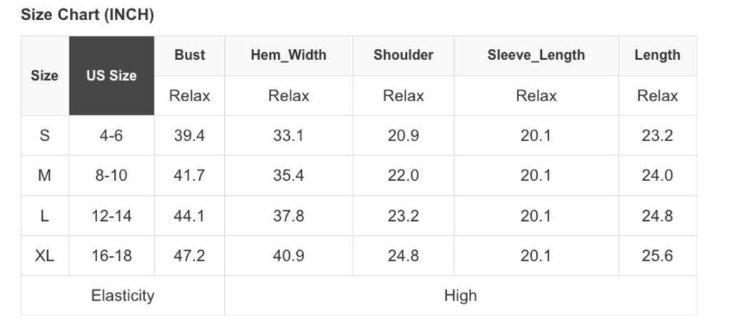 Size Chart for Pearled Sweater.