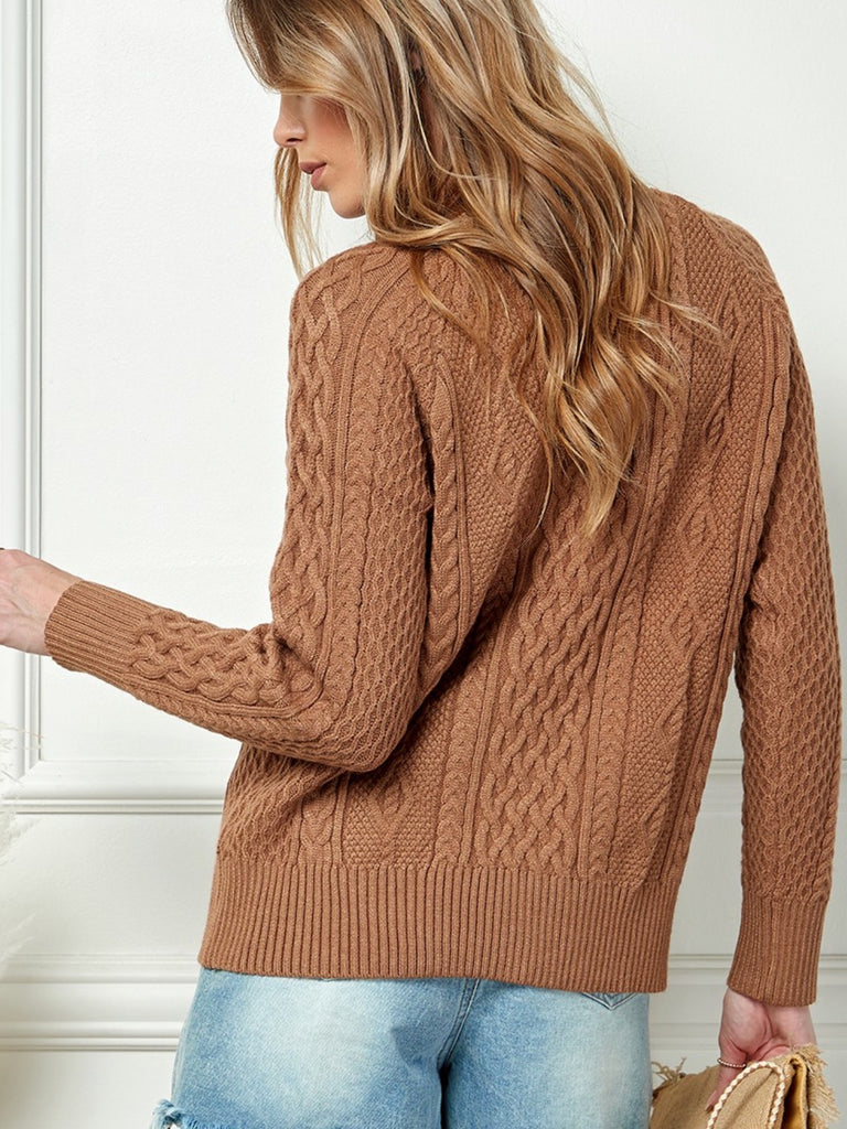 Camel Mock Neck Sweater with Long Sleeves and a cool Button Front Detail.